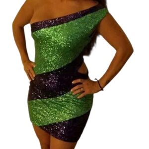 Vintage Bebe Sequin one Shoulder cutout bodycon mini Dress small teal blue
